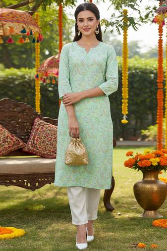 women sea green cotton kalamkari printed straight kurta