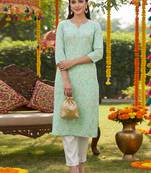 women sea green cotton kalamkari printed straight kurta