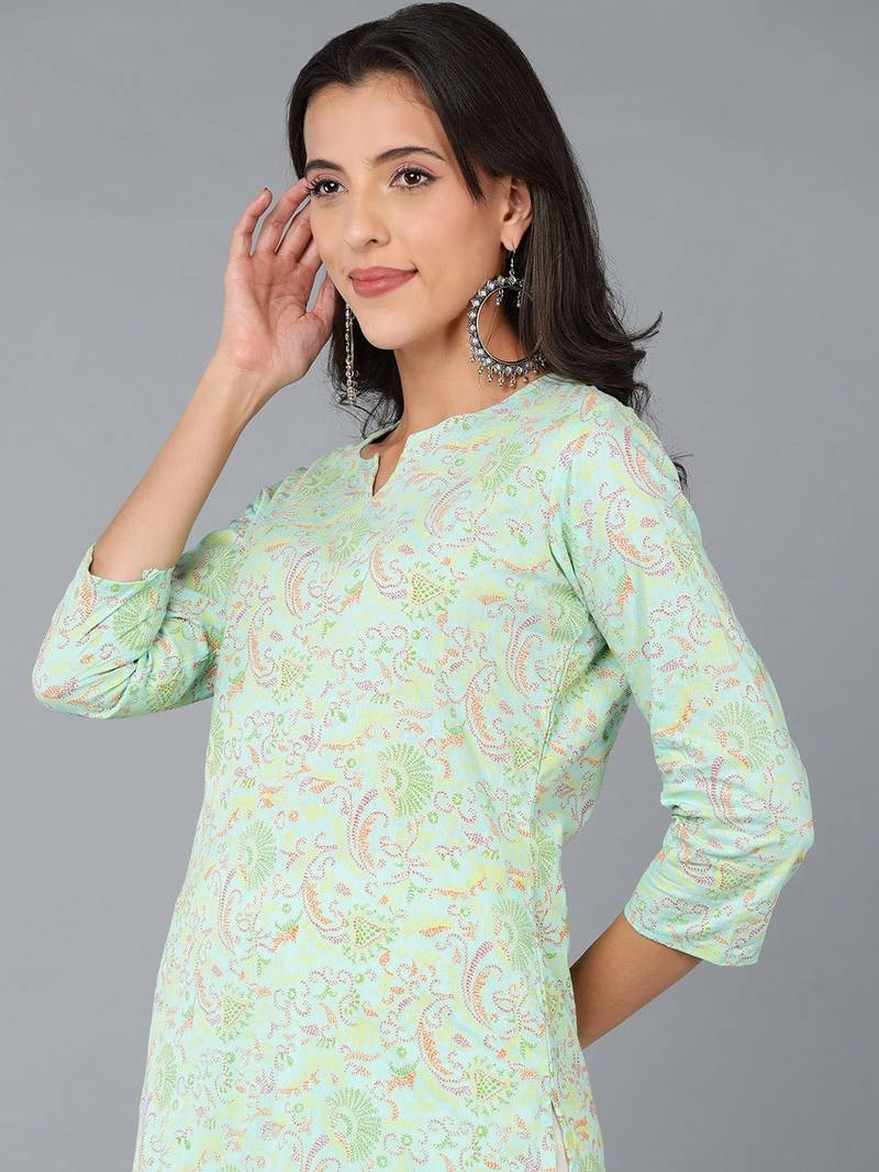 women sea green cotton kalamkari printed straight kurta