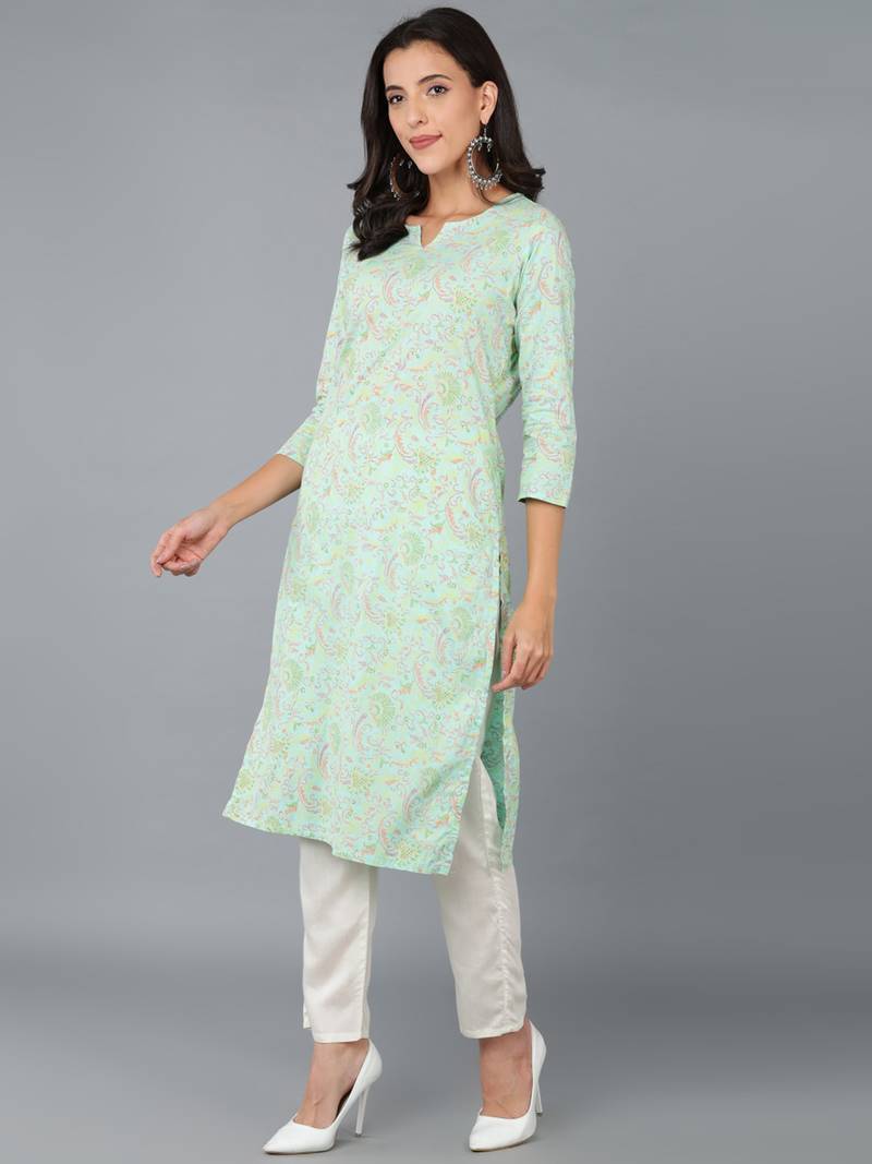 women sea green cotton kalamkari printed straight kurta