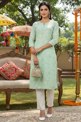 women sea green cotton kalamkari printed straight kurta