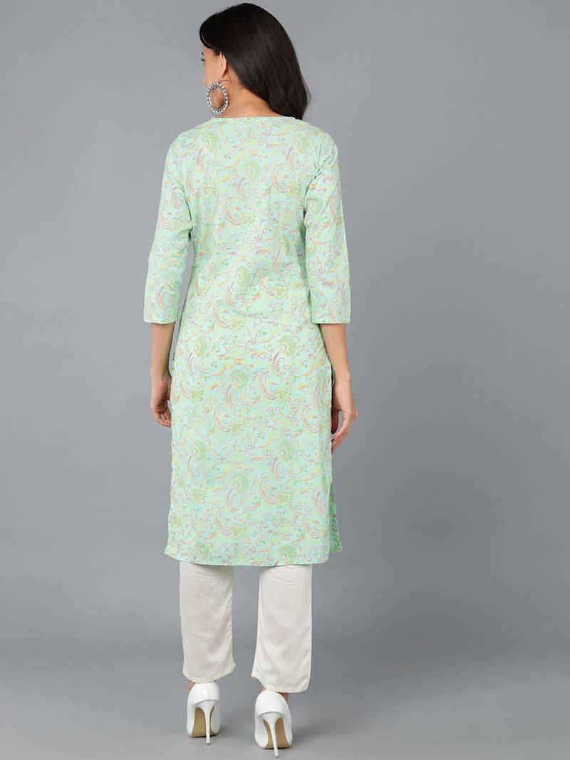 women sea green cotton kalamkari printed straight kurta