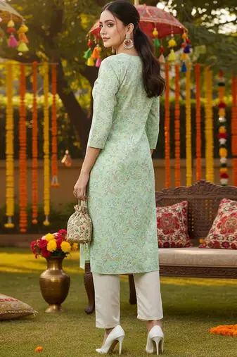 women sea green cotton kalamkari printed straight kurta
