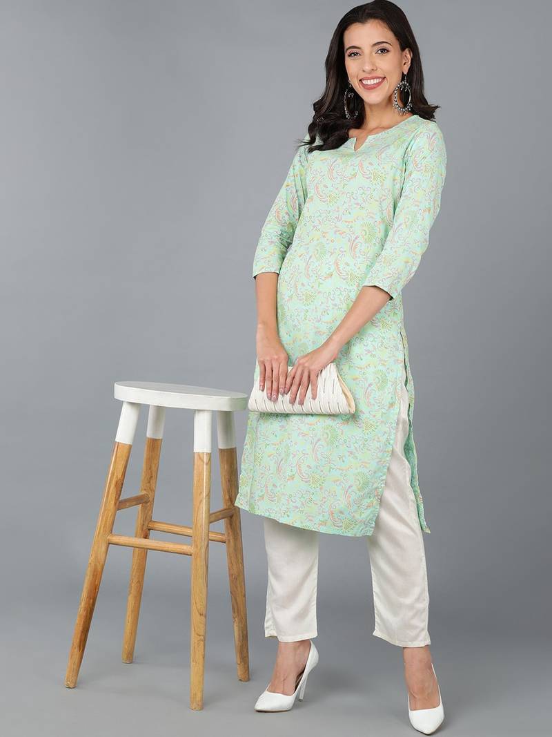 women sea green cotton kalamkari printed straight kurta