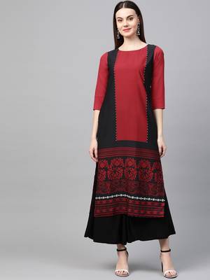 women maroon poly crepe ethnic motifs printed straight kurta 1