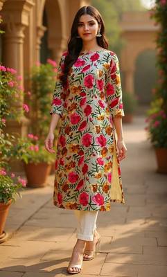 women grey rayon blend floral printed straight kurta 1