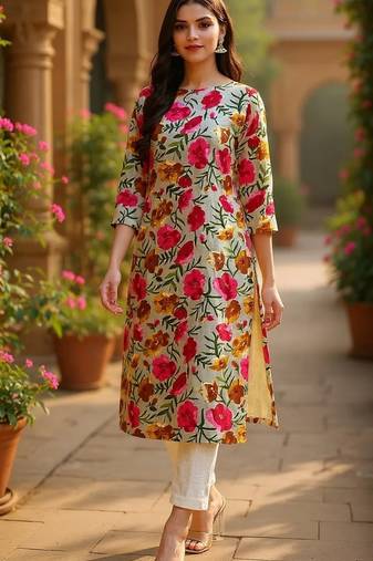 women grey rayon blend floral printed straight kurta
