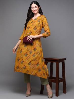 women mustard cotton blend floral printed a-line kurta 5