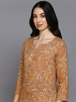 women orange viscose rayon ethnic motifs printed straight kurta 2