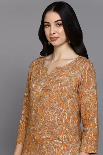 women orange viscose rayon ethnic motifs printed straight kurta