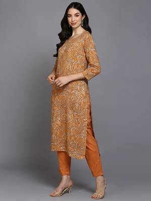 women orange viscose rayon ethnic motifs printed straight kurta 3