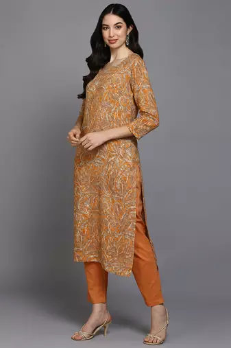 women orange viscose rayon ethnic motifs printed straight kurta