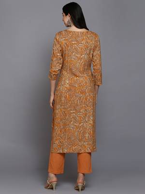 women orange viscose rayon ethnic motifs printed straight kurta 4