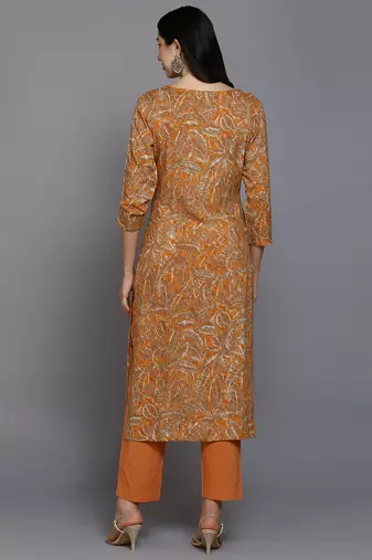 women orange viscose rayon ethnic motifs printed straight kurta