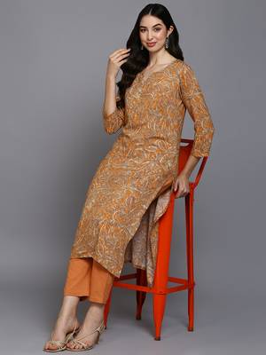 women orange viscose rayon ethnic motifs printed straight kurta 5