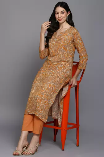 women orange viscose rayon ethnic motifs printed straight kurta