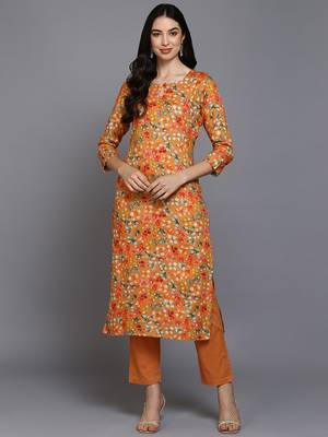 women orange viscose rayon floral printed straight kurta 1