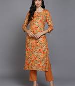 women orange viscose rayon floral printed straight kurta
