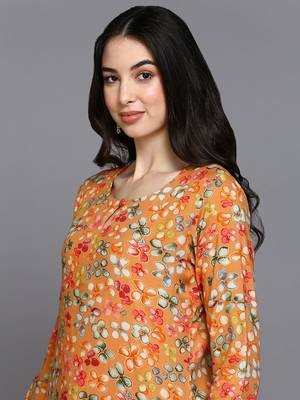 women orange viscose rayon floral printed straight kurta 2