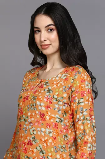 women orange viscose rayon floral printed straight kurta
