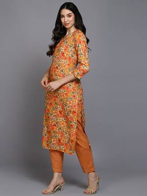 women orange viscose rayon floral printed straight kurta 3