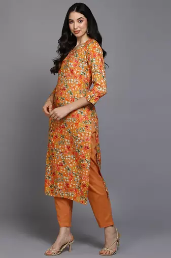 women orange viscose rayon floral printed straight kurta