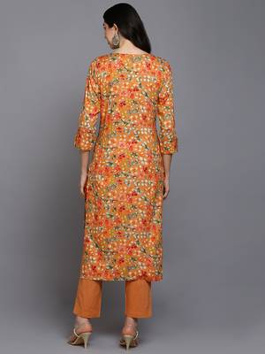 women orange viscose rayon floral printed straight kurta 4