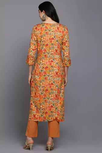 women orange viscose rayon floral printed straight kurta