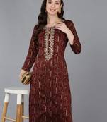 women maroon silk blend ethnic motifs embroidered straight kurta