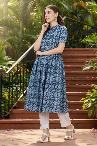 women blue rayon blend geometric printed a-line kurta