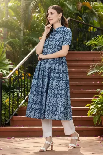 women blue rayon blend geometric printed a-line kurta