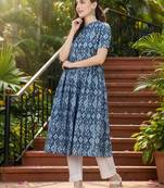women blue rayon blend geometric printed a-line kurta
