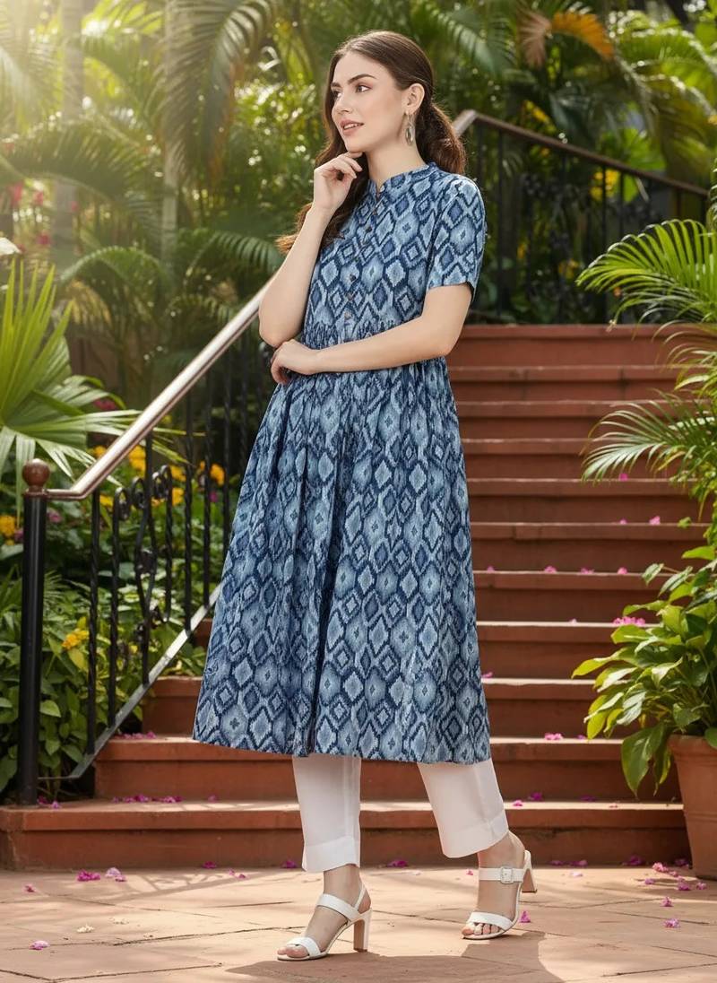 women blue rayon blend geometric printed a-line kurta