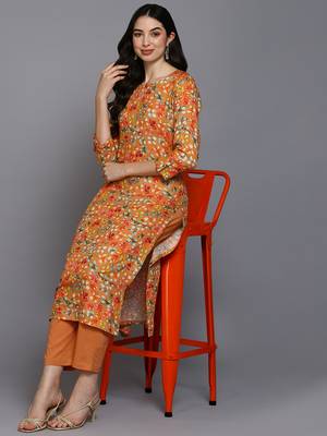 women orange viscose rayon floral printed straight kurta 5