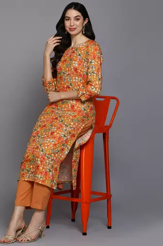 women orange viscose rayon floral printed straight kurta
