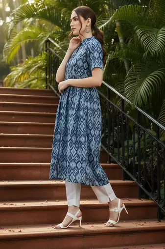 women blue rayon blend geometric printed a-line kurta
