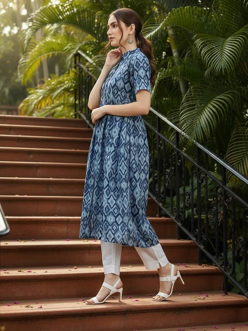 women blue rayon blend geometric printed a-line kurta