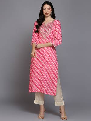 women pink viscose rayon leheriya embroidered straight kurta 1
