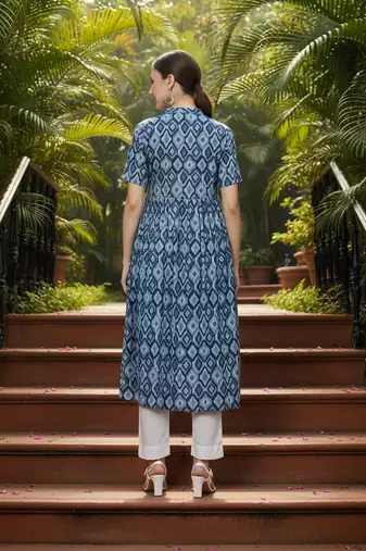 women blue rayon blend geometric printed a-line kurta