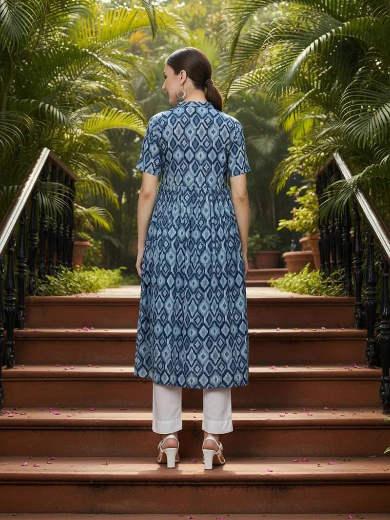 women blue rayon blend geometric printed a-line kurta