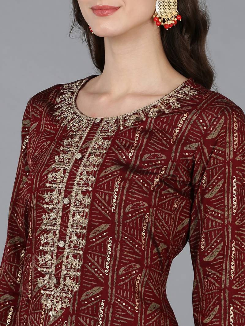 women maroon silk blend ethnic motifs embroidered straight kurta