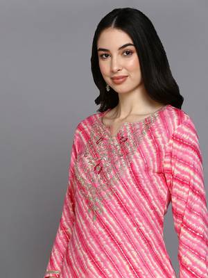 women pink viscose rayon leheriya embroidered straight kurta 2