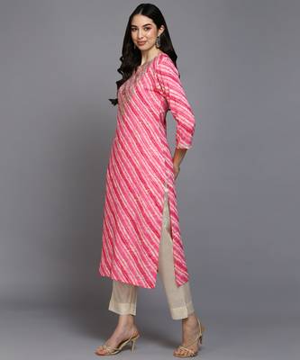 women pink viscose rayon leheriya embroidered straight kurta 3