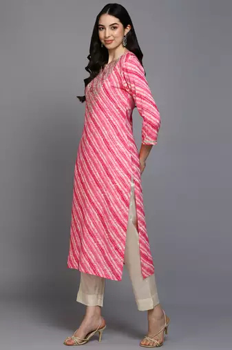 women pink viscose rayon leheriya embroidered straight kurta