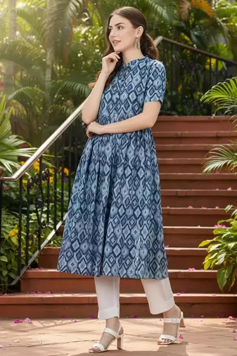 women blue rayon blend geometric printed a-line kurta