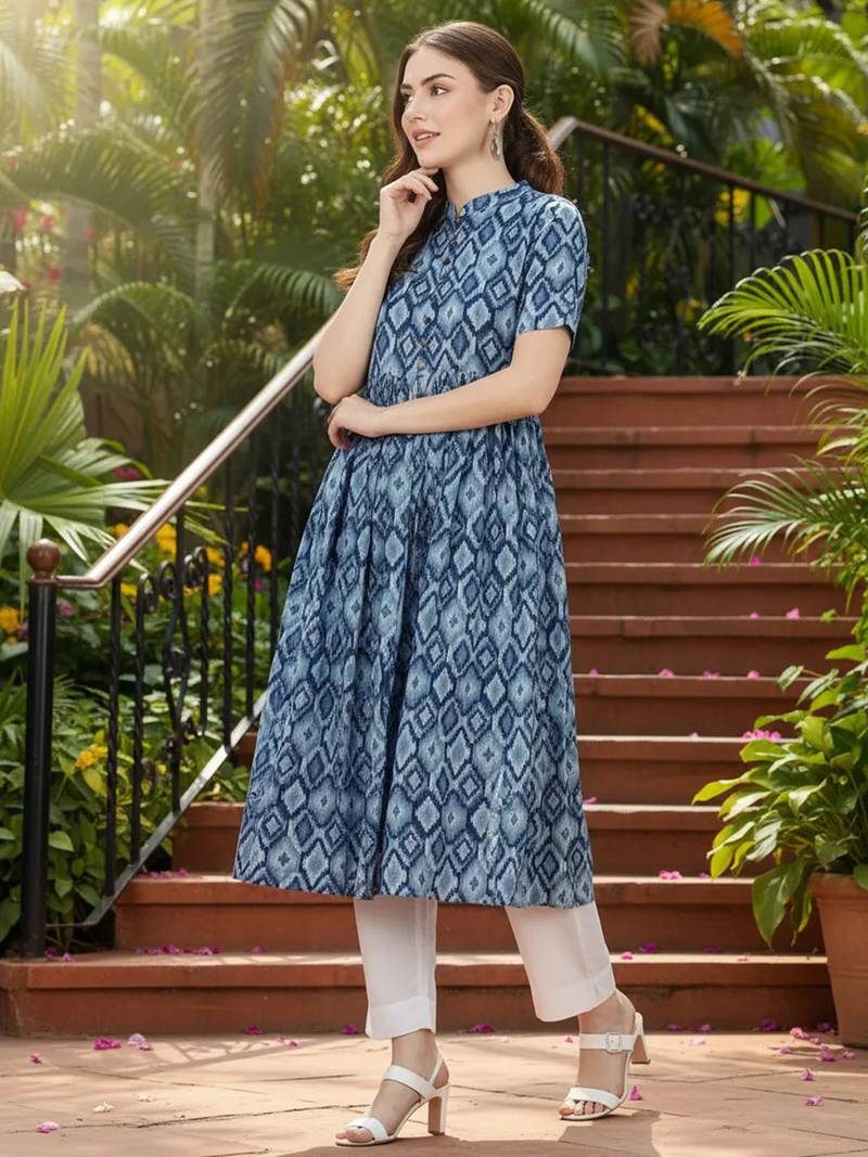 women blue rayon blend geometric printed a-line kurta