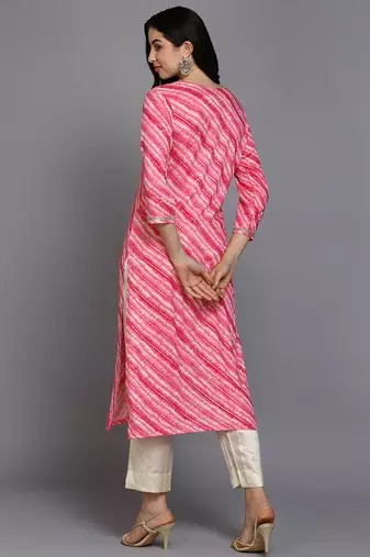 women pink viscose rayon leheriya embroidered straight kurta