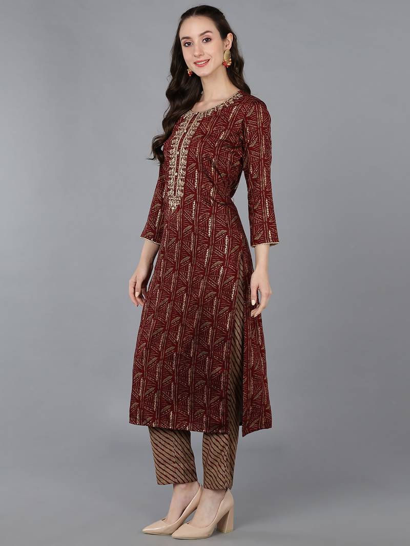 women maroon silk blend ethnic motifs embroidered straight kurta