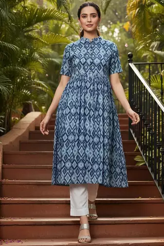 women blue rayon blend geometric printed a-line kurta