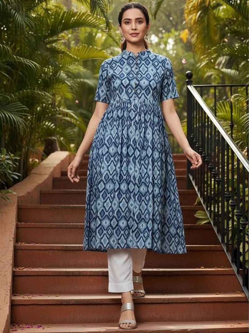 women blue rayon blend geometric printed a-line kurta